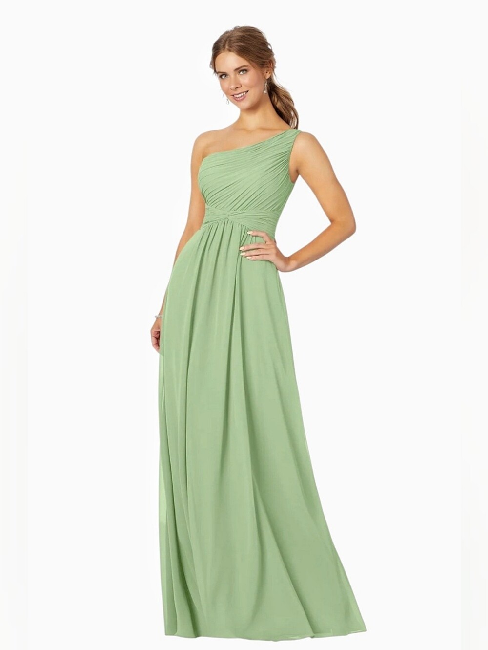 Morilee - Sage One-Shoulder Pleated Chiffon Dress
